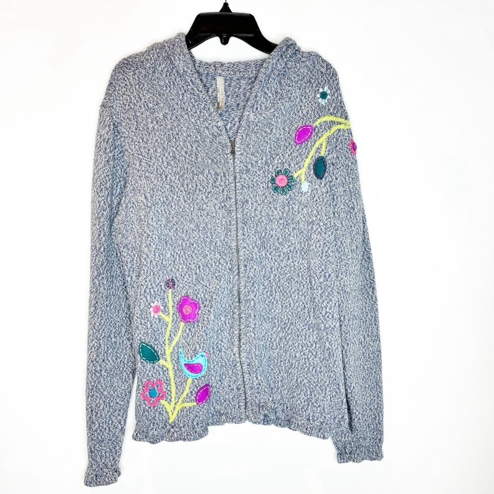 Hanna Andersson Heather Gray Zip Hoodie Cardigan with Bright Floral Appliqué